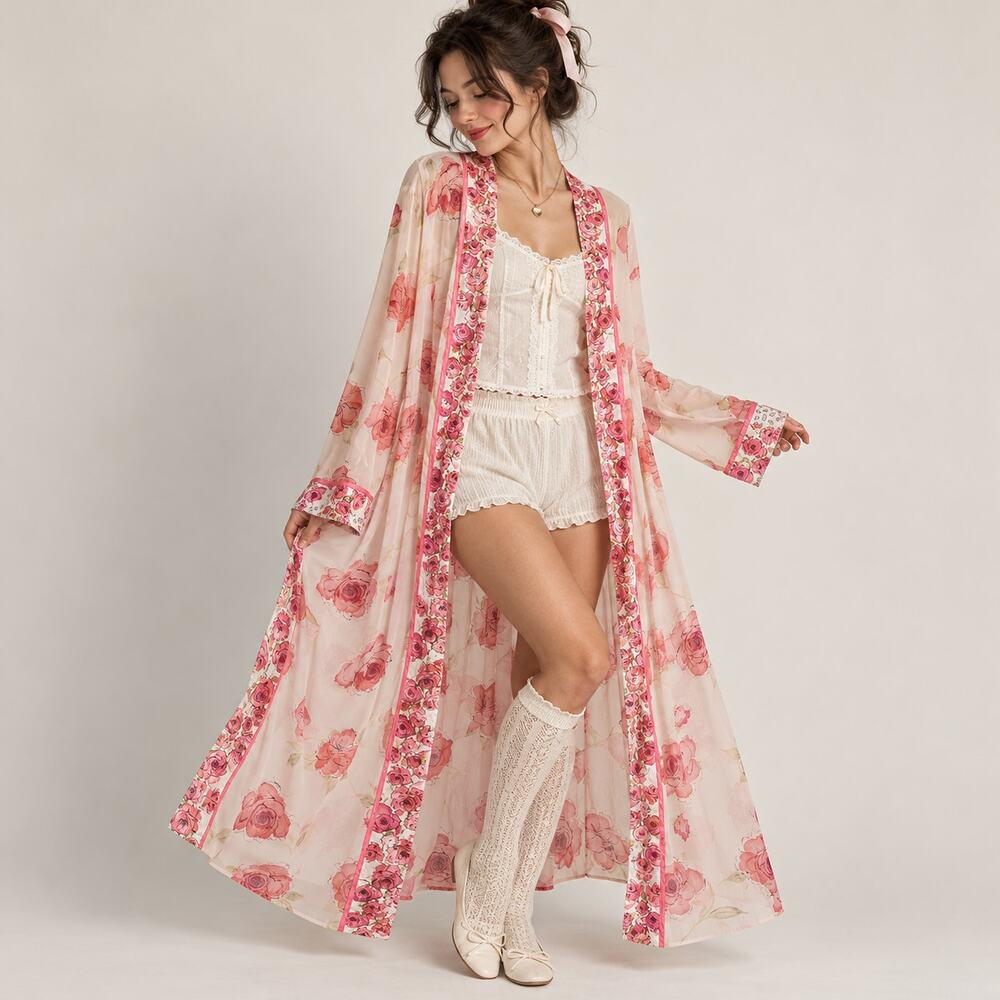 Sophia by Delicates Vintage Pink Rose Floral Duster Robe S Balletcore Fairycore